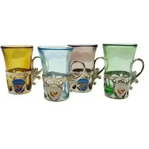 Vintage California Souvenir Shot Glasses Silver Handled Holders Set Of 4 1950s - Picture 1 of 14